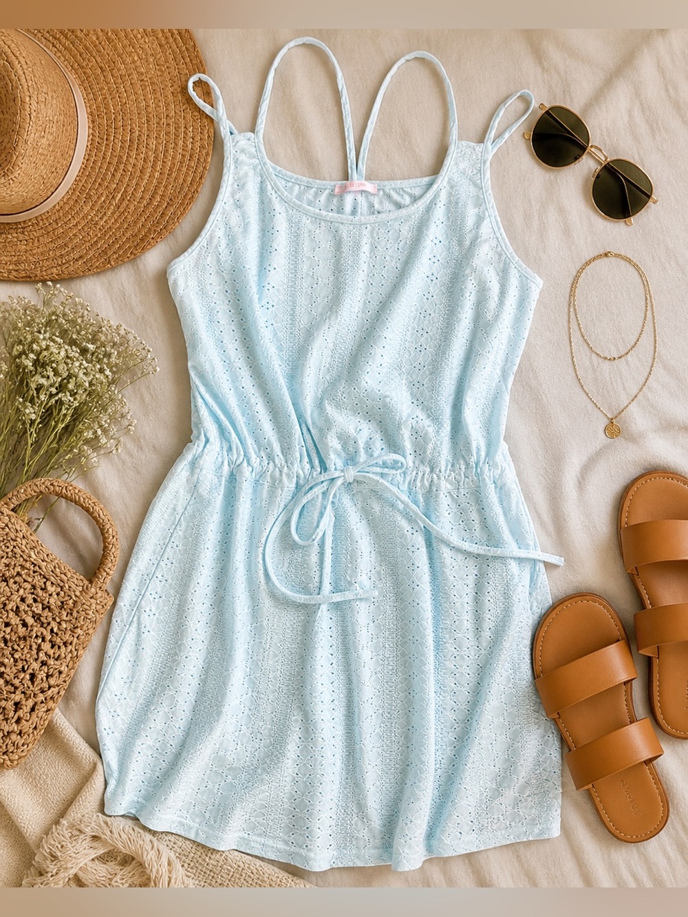 Bluetime Light Blue Eyelet Dress Size L Spaghetti Strap Tie Waist Summer